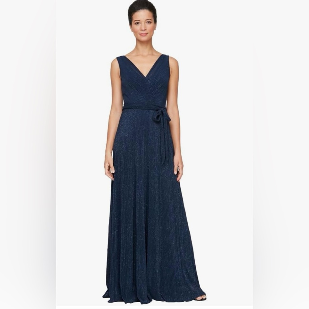 Alex Evenings Navy Blue Sleeveless V-Neck Long A-line, Formal Gown Wedding Guest